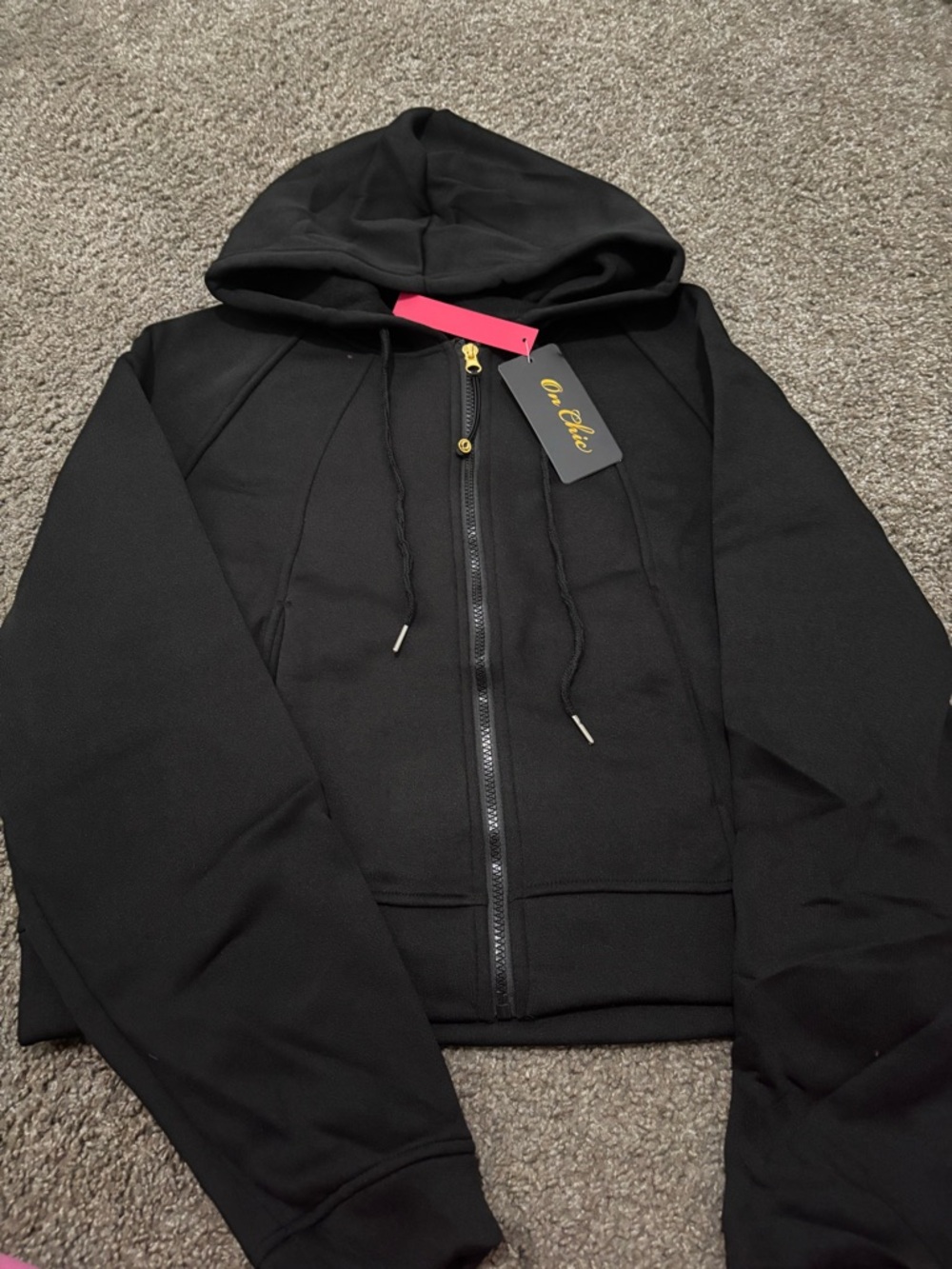 Black Zip-Up Hoodie with Hood and Drawstrings and straight leg sweats